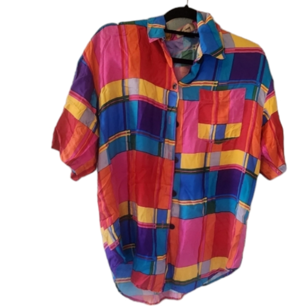 Silk House multi color blouse. Pink, purple, gold,blue, and green button down.